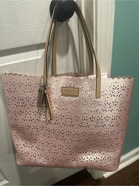 Coach Pink Laser-Cut Floral Tote with Tan Handles